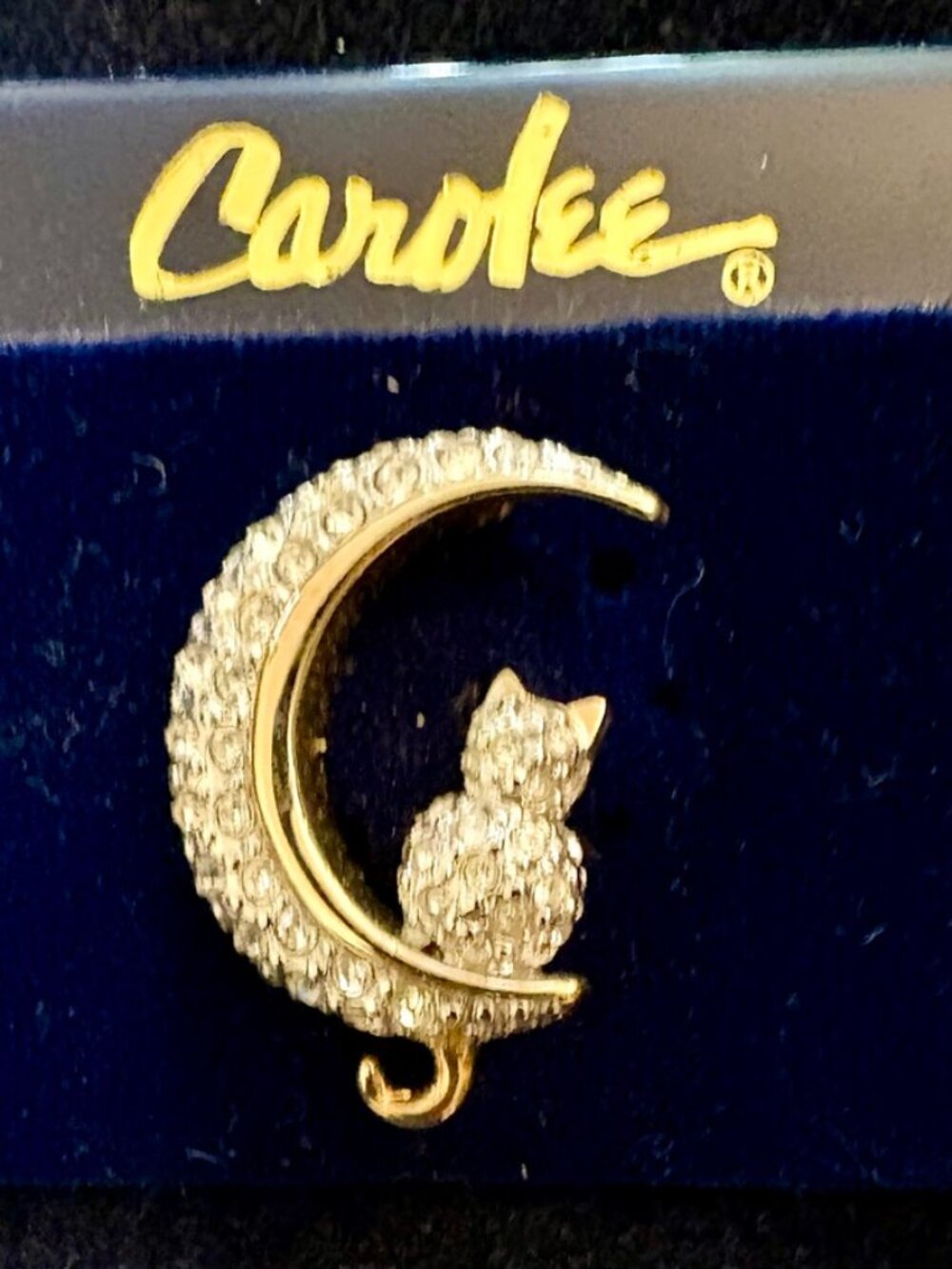 Vintage Carolee Cat on Crescent Moon Rhinestone Brooch Pin Original Card